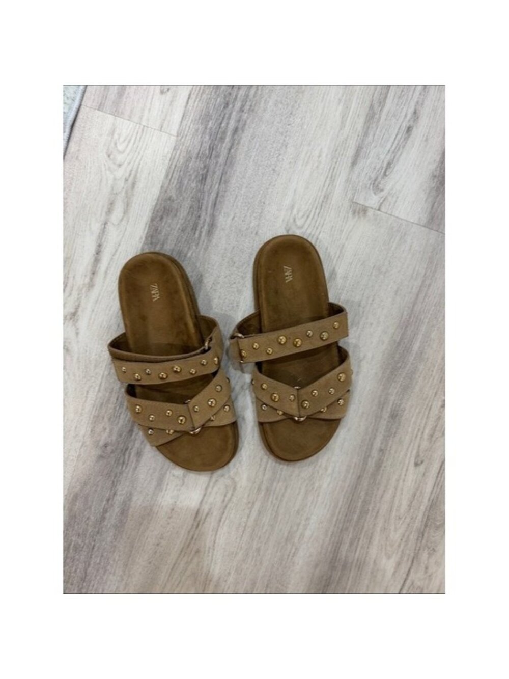 Zara Brown Double-Strap Stud Slide Sandals size 7